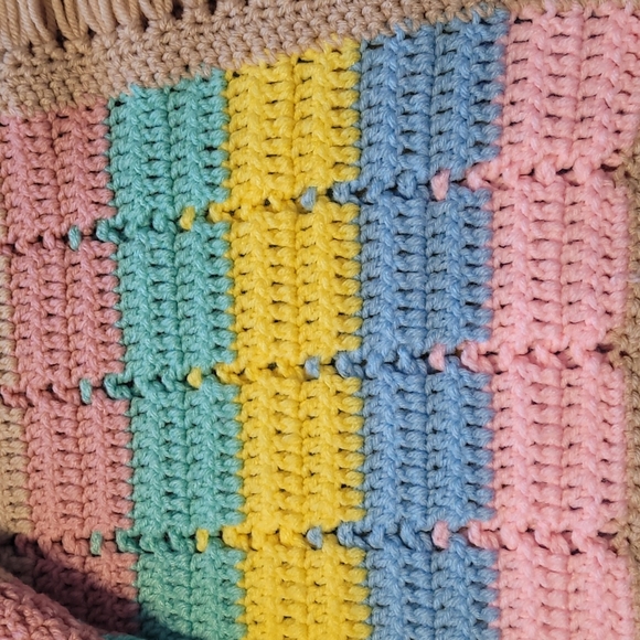 Handmade knitted blanket throw with fringe trim multi rainbow colours - Picture 5 of 7